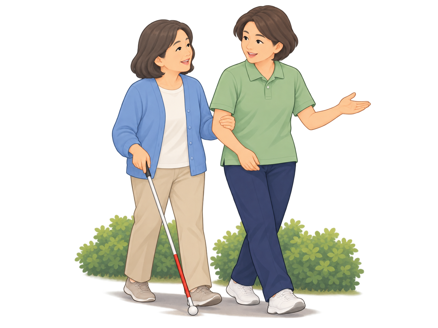 白杖を使う女性が同行援護の支援者の腕につかまり、一緒に歩くイラスト