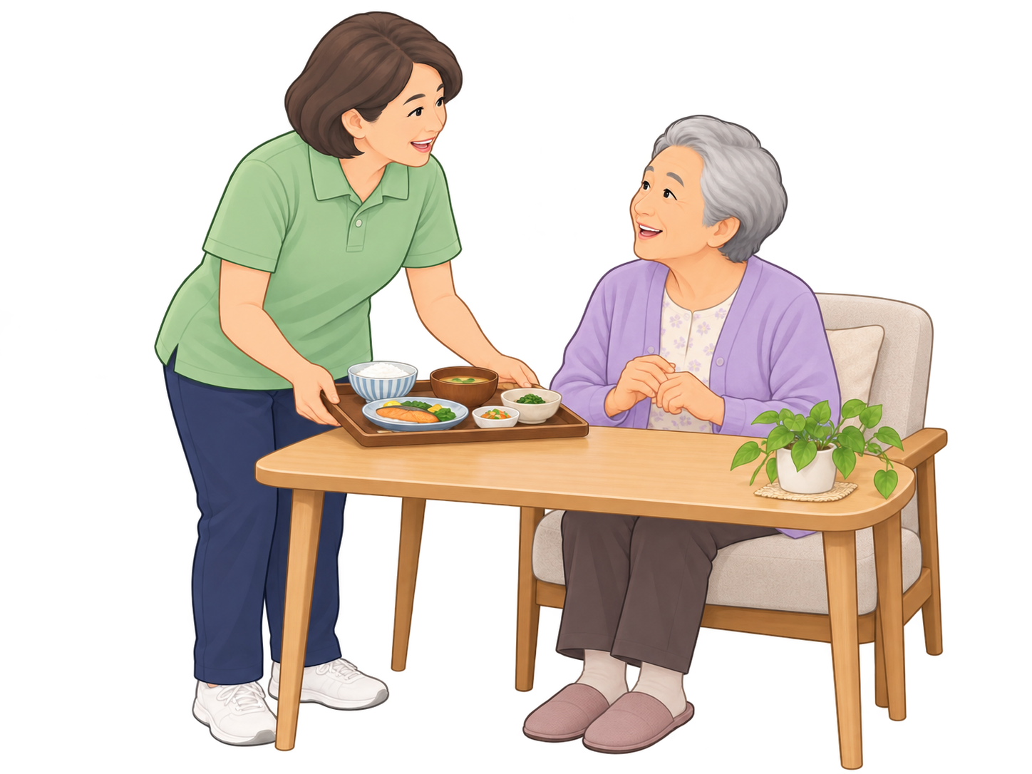介護職員が自宅で過ごす高齢の女性に食事を用意するイラスト