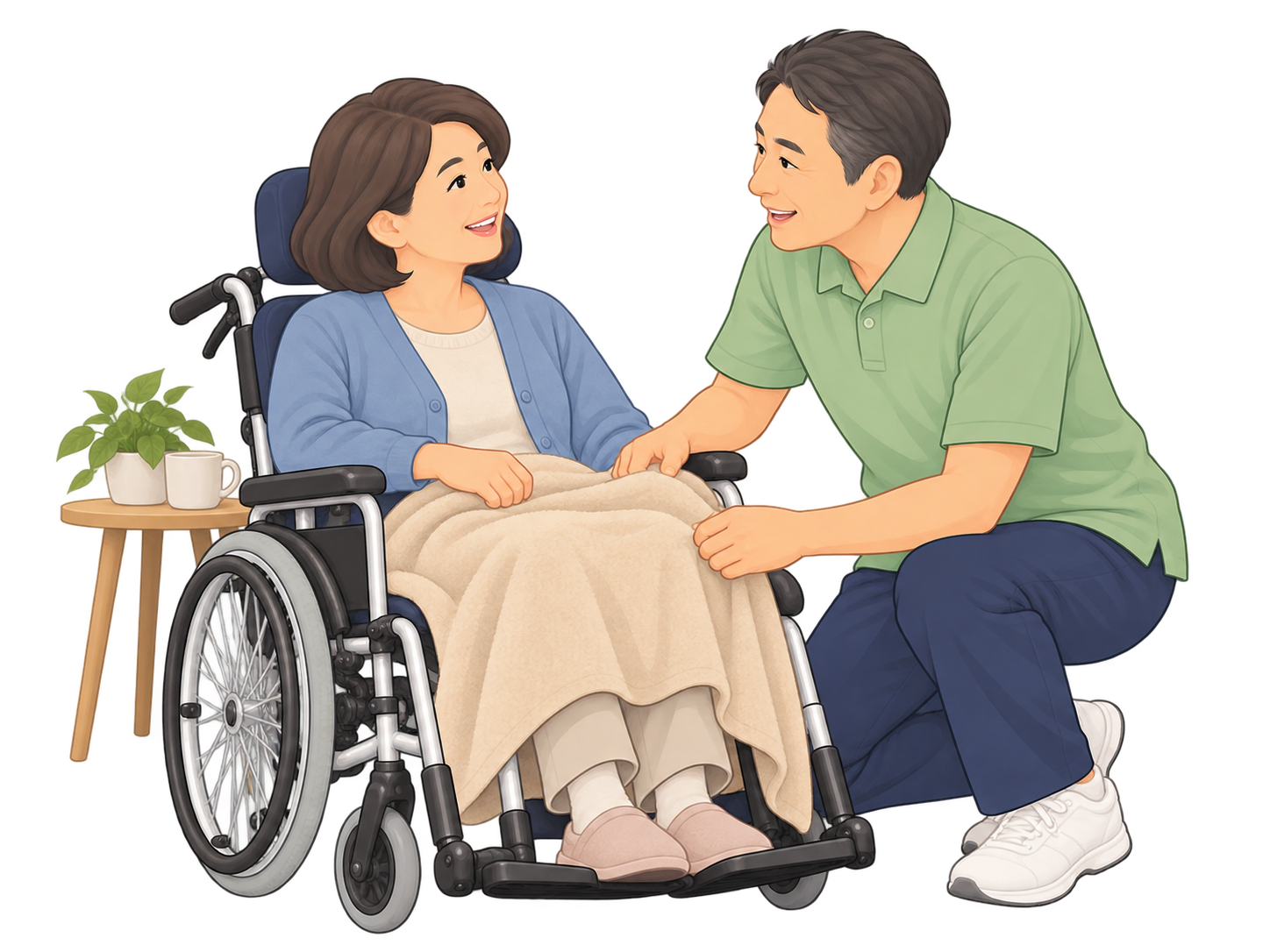 介護職員が車いすを利用する女性に寄り添い、ひざ掛けを整えるイラスト