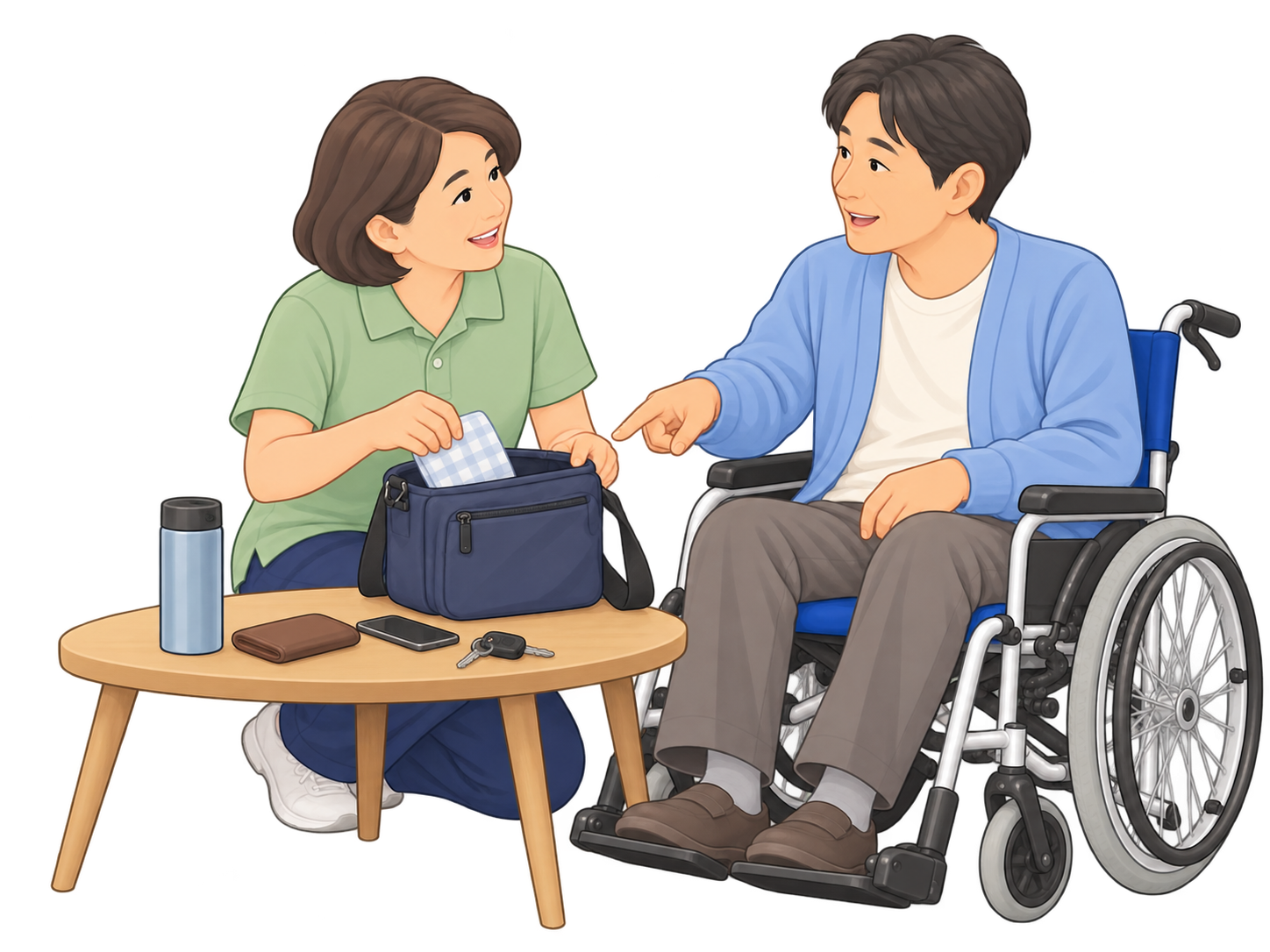 介護職員が車いすを利用する男性と外出の準備をするイラスト